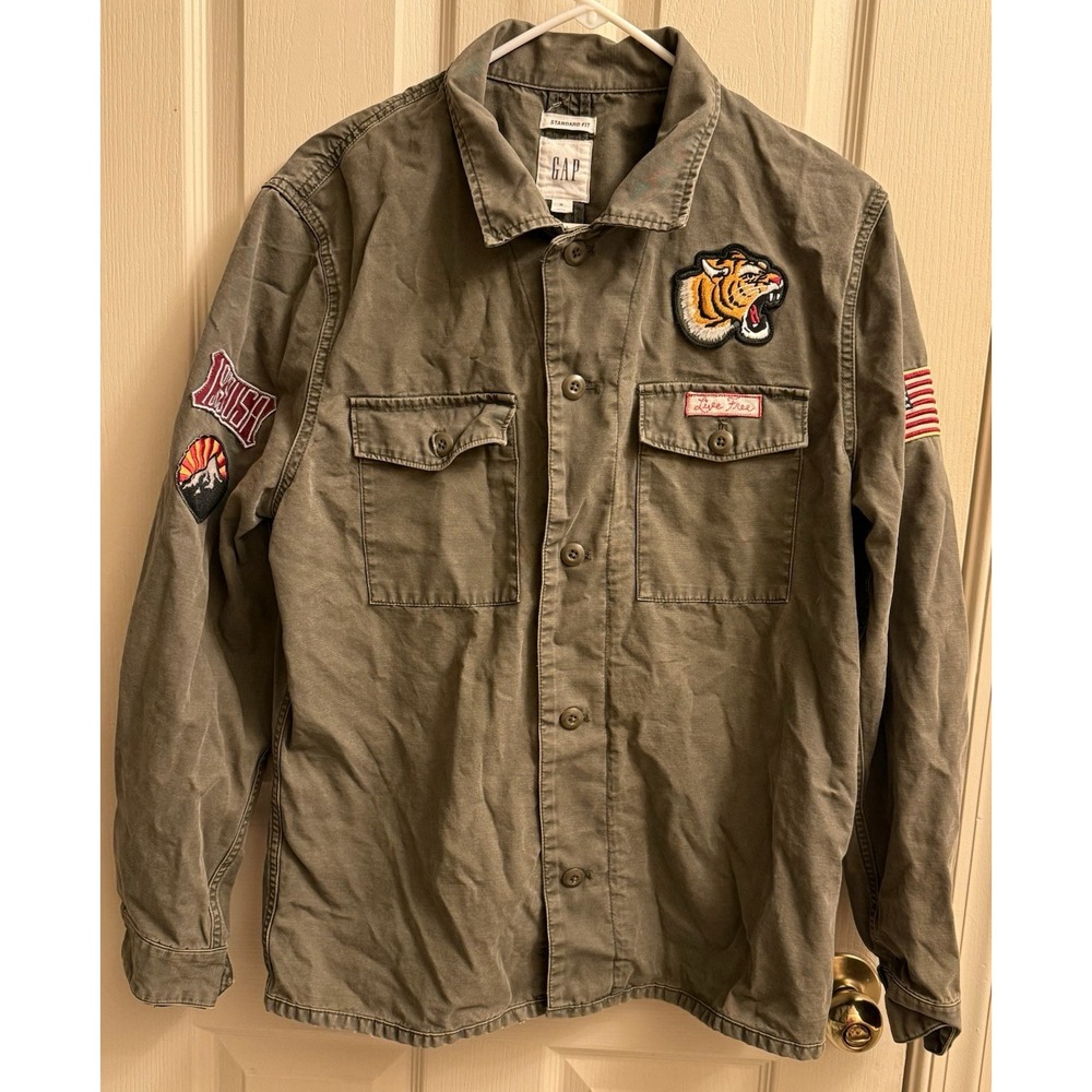 Vintage GAP USA Army Long Sleeve Button Up Shirt,Patch Logos Mens Medium Green
